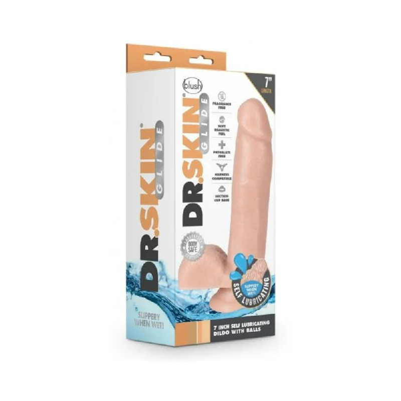 Dr. Skin Glide 7" Self-lubricating Dildo With Balls Vanilla