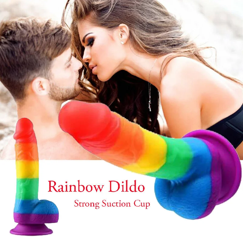 Rainbow Realistic Dildo Suction Cup G-spot Simulator Handheld Massager