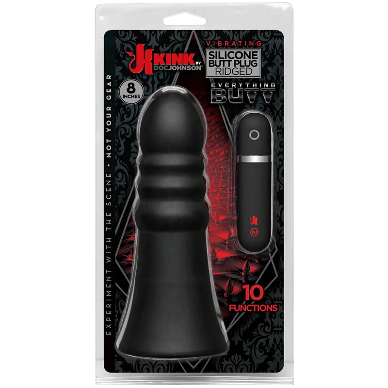 Kink Vibrating Silicone Butt Plug Ridged 8in Black