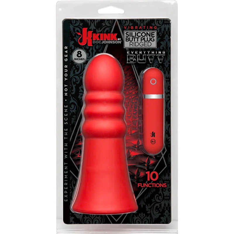 Kink Vibrating Silicone Butt Plug Ridged 8in Red