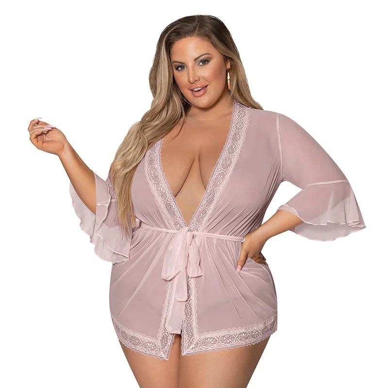 Magic Silk Seabreeze Robe With Lace Trim Blush Queen Size