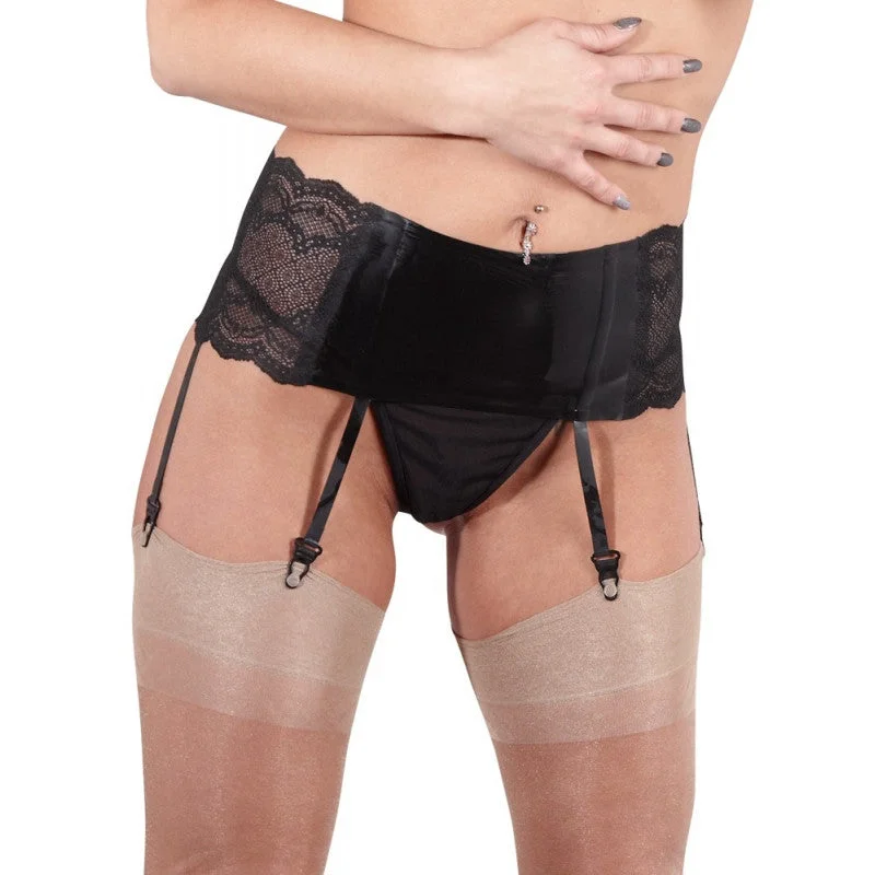 Black Latex Suspender Belt with Lace Inserts